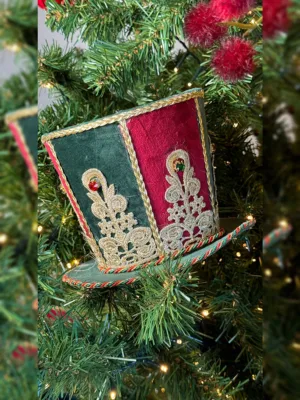 Jouet de Noël : chapeau bordeaux, vert et or - 17,5 cm
