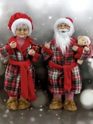 Jouet de Noël : M. et Mme Santa en pyjamas à carreaux chaleureux, 46 cm