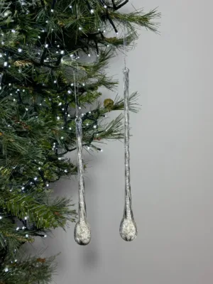 Ornement de Noël : Stalactite en verre transparent avec paillette blanche - 28 cm