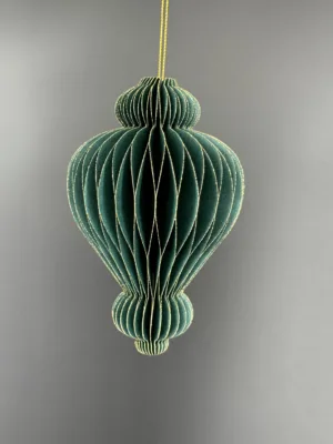 Boule de Noël : Ornement en forme de fuseau origami vert foncé, H-15 cm, D-9,5 cm