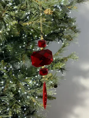 Ornement de Noël : Pendentif rouge et or avec pierre ovale-octogonale, 20 cm