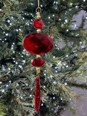 Ornement de Noël : Pendentif rouge et or avec pierre ovale-octogonale, 20 cm