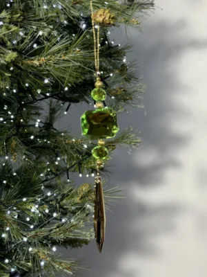Ornement de Noël : Pendentif vert et or automnal avec pierre octogonale et diamant fin clair, 18 cm