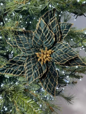 Ornement de Noël : Poinsettia sur pince en vert - doré, 25 cm