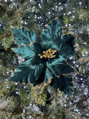 Ornement de Noël : Poinsettia sur pince en vert - doré, 29 cm