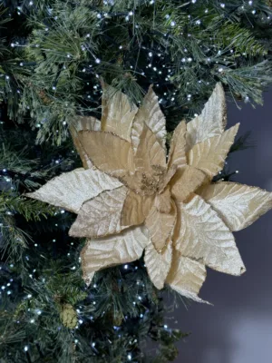 Ornement de Noël : Branche avec clip, fleur dorée champagne brillante - 30 cm