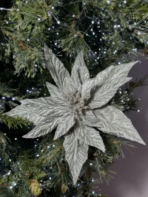 Ornement de Noël : poinsettia vert argenté de 30 cm