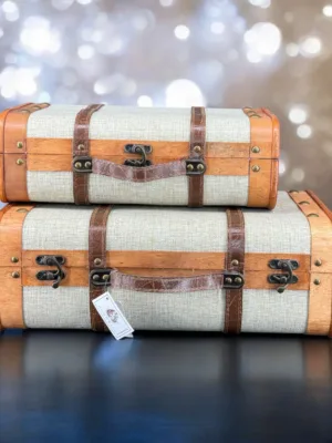 Objet de décoration: Ensemble de boîtes valises en bois et tissu, set de 2