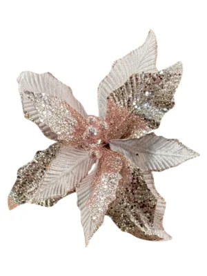 Branche décorative de Noël : Branche avec fleur rose pailletée, H: 50 cm
