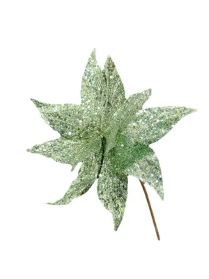 Branche décorative de Noël : Brindille avec fleur pailletée vert ardoise, 50 cm