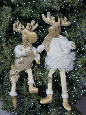 Ornement de Noël : Couple de cerfs blancs et dorés en tissu - 2 assortis - 55 cm
