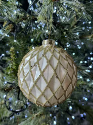 Boule de Noël : en verre, doré - blanc, 10 cm