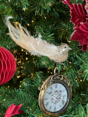 Ornement de Noël : Oiseau sur clip beige - 13 cm