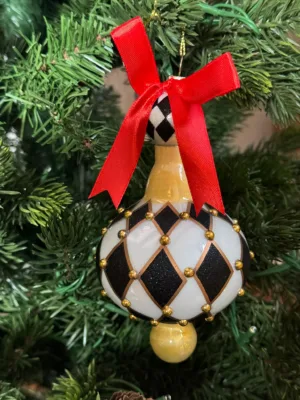 Boule de Noël : motif damier en verre, blanc et noir - 15 cm