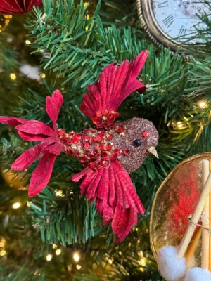 Ornement de Noël : Oiseau sur clip rouge - 13 cm