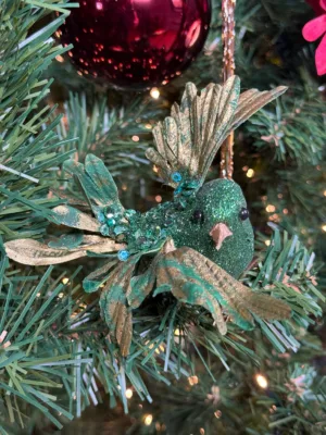 Ornement de Noël : Oiseau sur clip vert - 13 cm