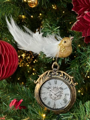 Ornement de Noël : Oiseau sur clip doré - 13 cm