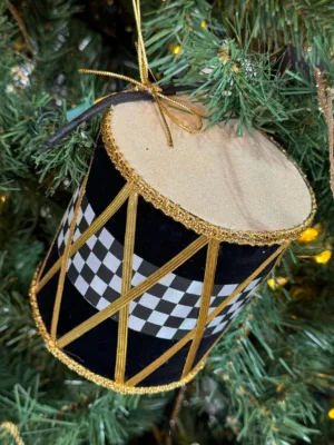 Ornement de Noël : Tambour noir et or - 12 cm