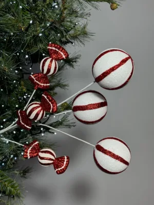 Branche décorative de Noël : Bonbon en mousse rouge et blanc - 63 cm