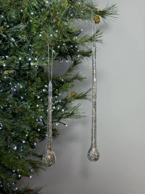 Ornement de Noël : Stalactite en verre transparent avec paillette dorée - 28 cm