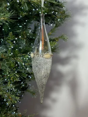 Ornement de Noël : Pendentif en verre, transparent et argenté - H 20 cm , D 5 cm