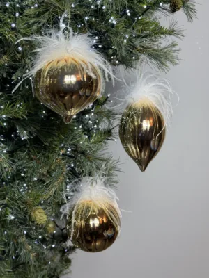Boule de Noël : Formes décoratives en verre doré avec plumes blanches,  lot de 3