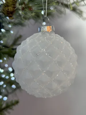 Boule de Noël : en verre givré avec motifs scintillants, D: 7 cm