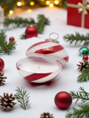 Bougie de Noël décorative : sphère rayée rouge & blanc, D 9 cm